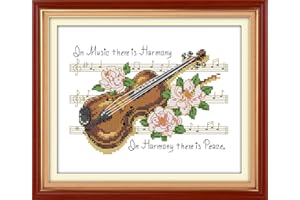 Amiiba Stamped Cross Stitch Kits, Quotes: Music There is Harmony, Harmony There is Peace DIY 11CT 12.5x9.4 inch (Violin)