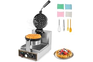 WICHEMI Commercial Belgian Waffle Maker 360° Flip Nonstick Rotating Waffle Iron Time Control Temperature Adjustable Stainless Steel Body 110V 1200W