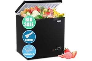 KRIB BLING Chest Freezer with Freezer Basket, 7.0 Cu. Ft Mini Freezer 7 Temperature Levels Thermostat, Top Door Open, Ideal for Home, Kitchen & Office, Black
