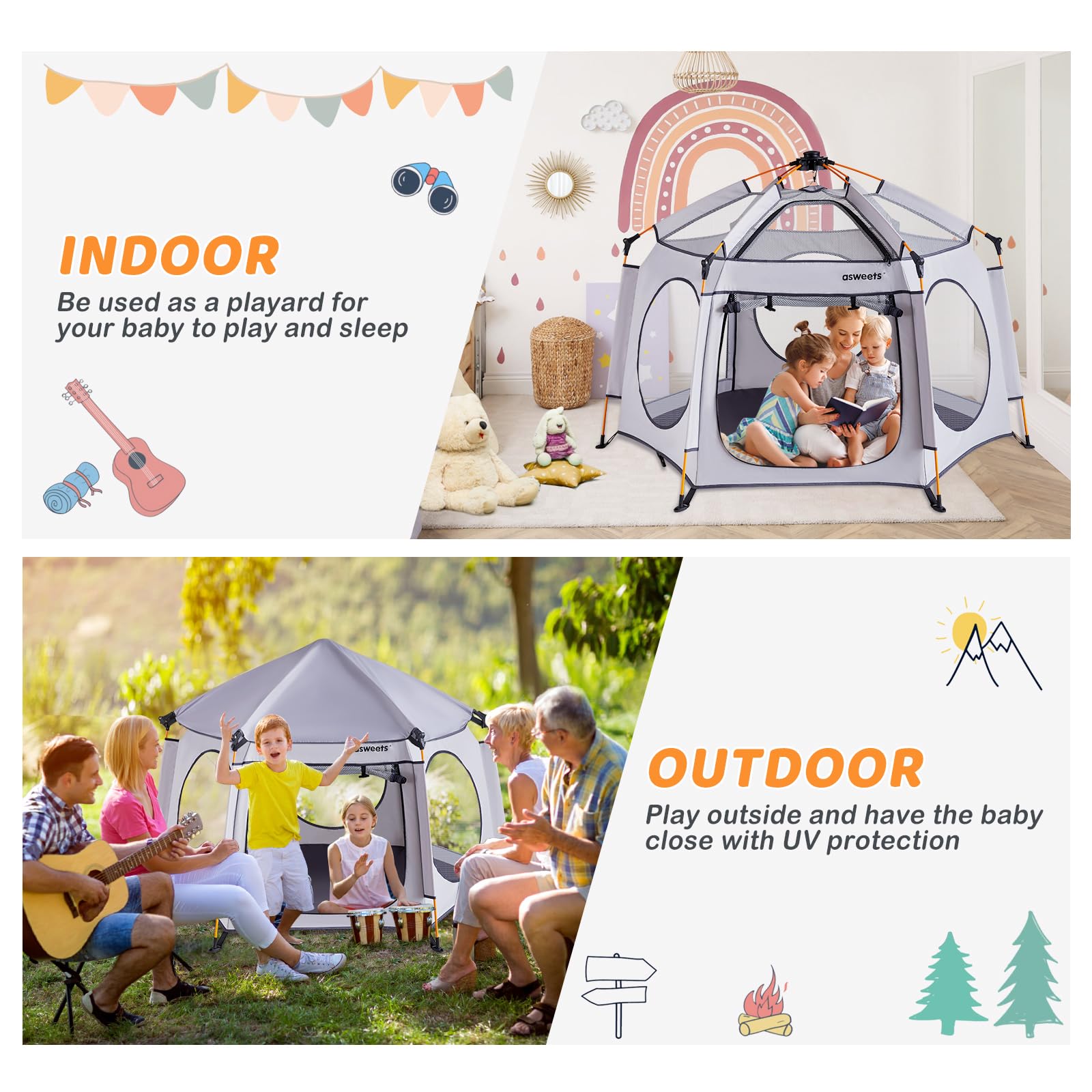 Asweets 4 in 1 Pop Up Playpen Indoor and Outdoor Portable, Lightweight Baby Playpen with Travel Bag,Baby Beach Tent and Play Toddler Play Yard Canopy