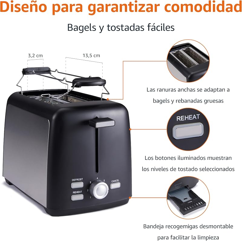 Amazon Basics 2 Torradeira de fatias com 7 níveis de torrefação e bandeja de migalhas removível, slots extra largos, 800W, preto — foto 3 de 5