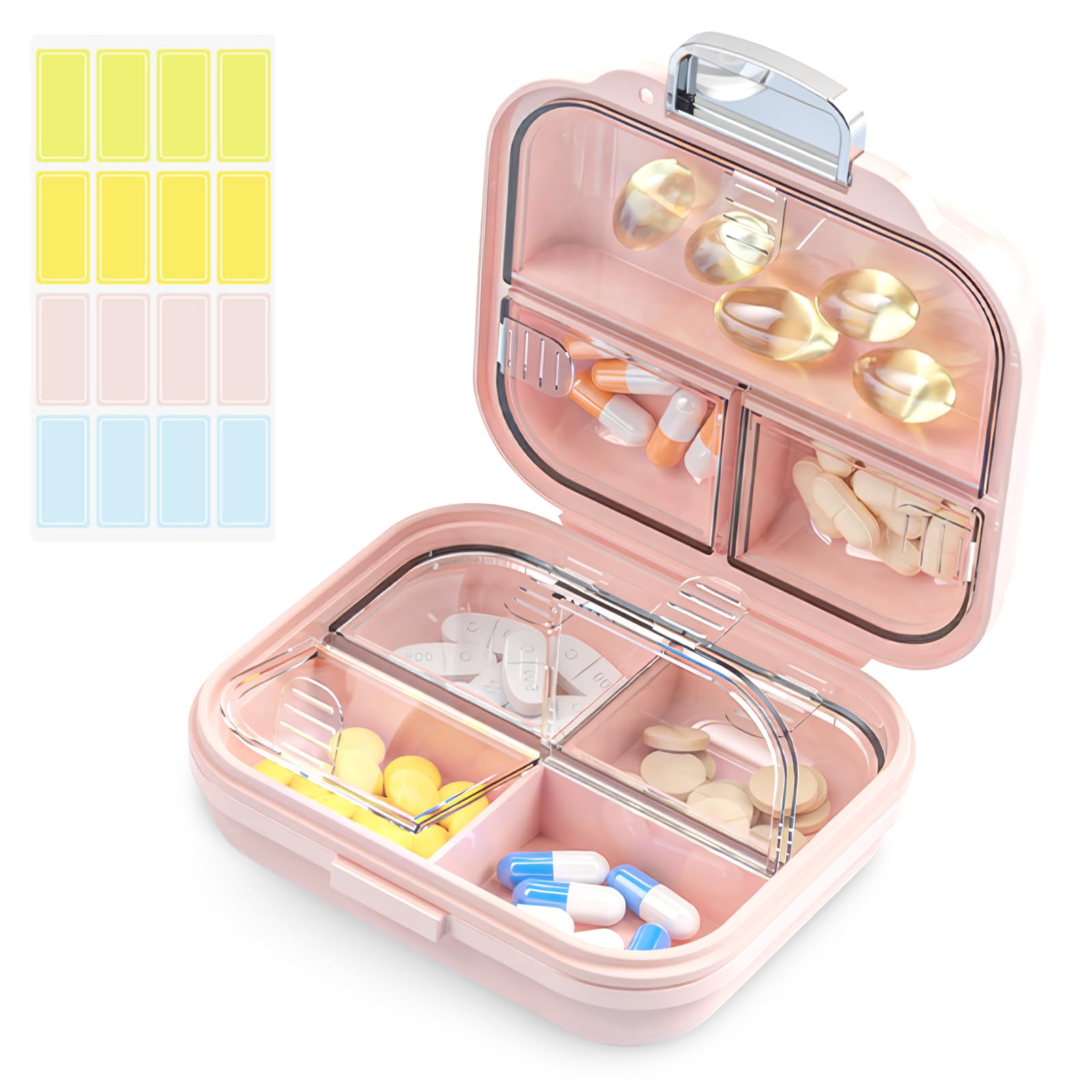 Photo 1 of Travel Pill Organizer Box with Labels, 7 Compartments Portable Mini Pill Case, Daily Medication Organizer Storage Pill Container for Pocket Pharmacy(Pink, S)
