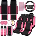 BBTO 43 Pcs Bling Car Accessories Set for Women Front Seats and Rear Bench Polyester Car Seat Protectors Wheel Cover Seat Car Floor Mats Full Crystal Automotive Interior Decor(Pink and Black)