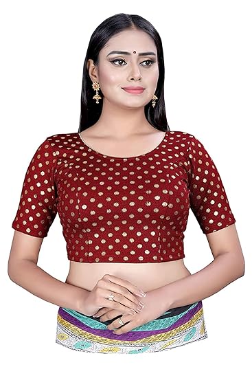 Women's Lycra Maroon Red Medium Sleeve Stretchable Stitched Saree Blouse with Cut Work Stitched (Free Size)
