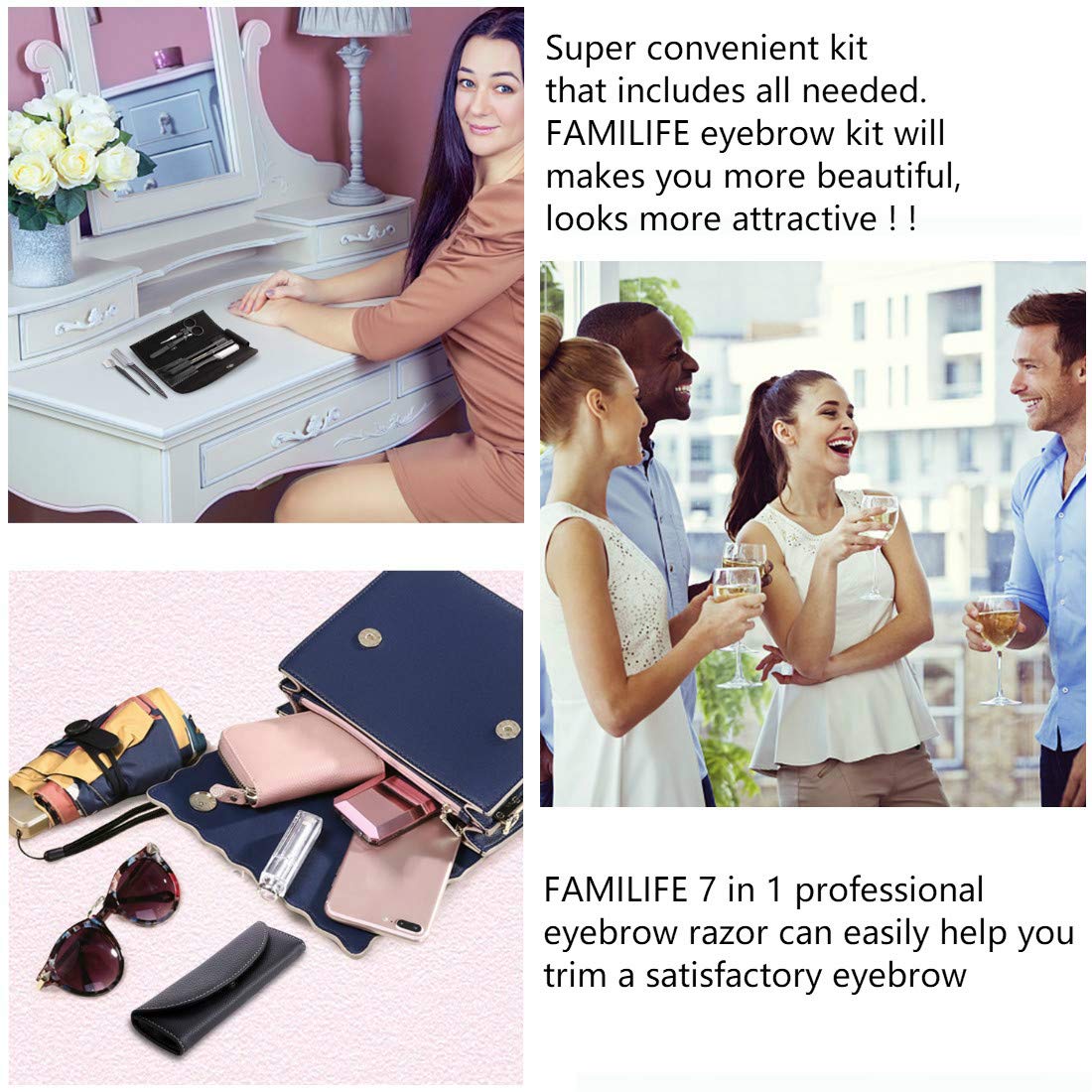 FAMILIFE F04 Eyebrow Kit 7 in 1 Eyebrow Scissors,Razor Eyebrow Pencil, Eyebrow Brush with Black Leather Bag: Home Improvement