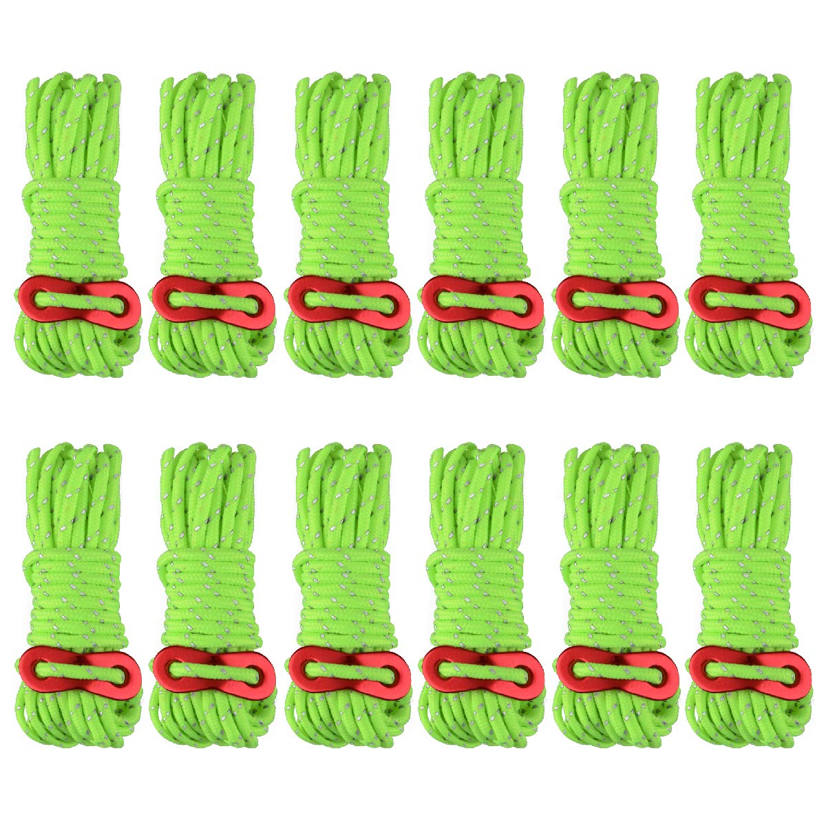 Azarxis Tent Guy Rope 4mm Reflective Guy Line 4m / 13 Feet Tarp Guide Rope with Aluminum Tensioner Cord Adjuster for Camping Awning Canopy Hammock Packing Tying Down (Fluorescent Green - 12 Pack)