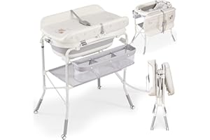 DZMDIP Baby Bathtub with Foldable Changing Table, Standing Infant Bath Tub for Newborn Toddler Shower, Portable Diaper Changing Station with Stand