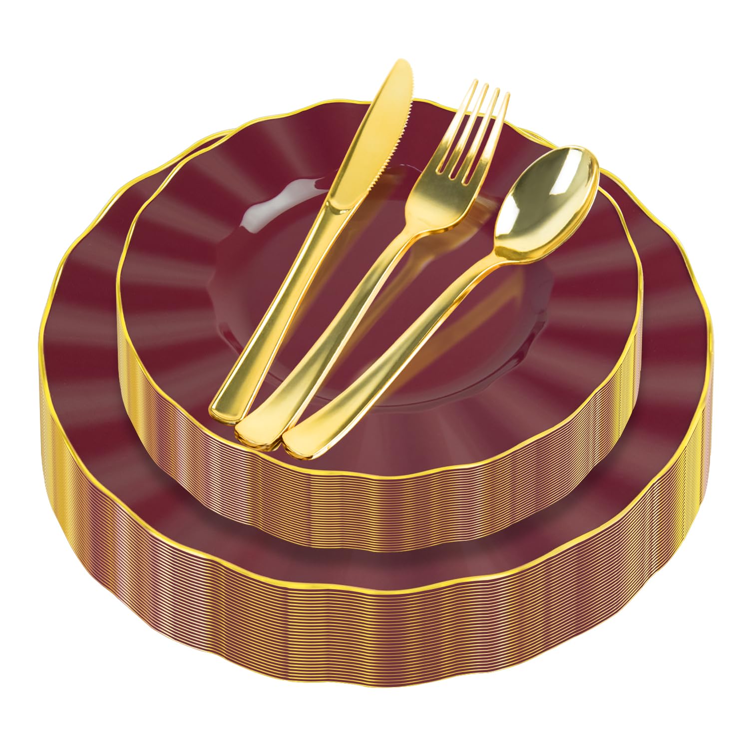 Photo 1 of 150Pcs Plastic Plates with Gold Rim,Heavy Duty Burgundy Plates for 30 Guests,Plastic Dinnerware Set Include 30 Dinner Plate,30 Dessert Plate,90 Gold Cutlery Set for Party (Burgundy)