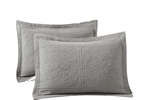 ANGIYUIN 100% Cotton Grey Pillow Shams Standard Size, Floral Quilted Pillow Shams Decorative for Bed Pillows, 2 Pack Soft Breathable Bed Pillow Covers Set