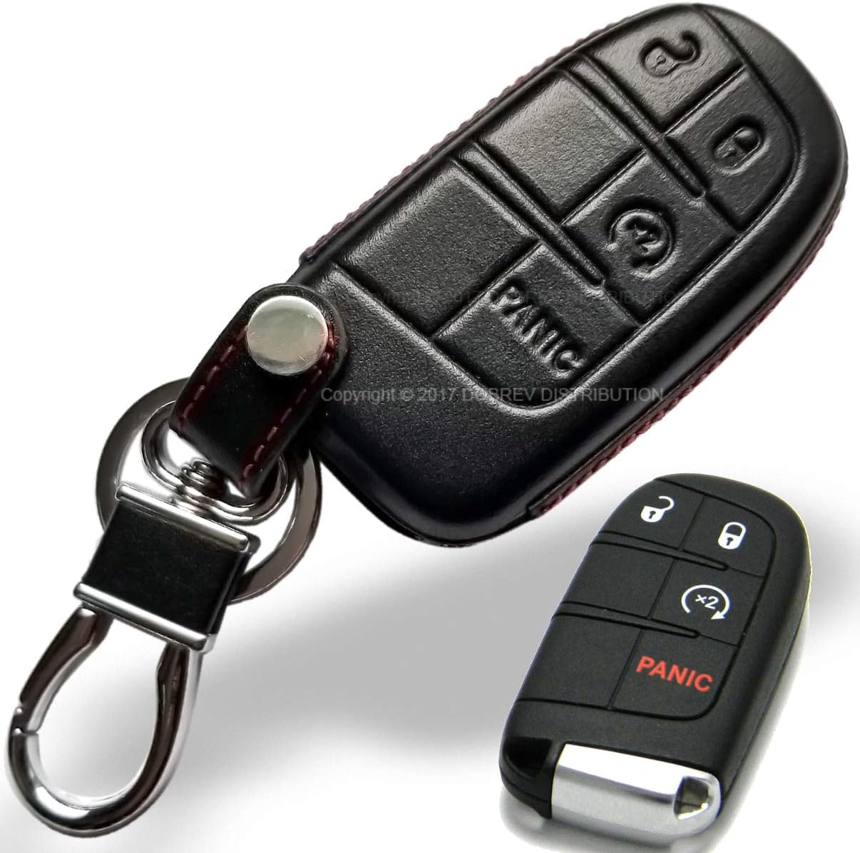 Massimiliano Incas Dobrev 4 Button Genuine Leather Case Protector Key Fob Smart Car Remote Holder for Dodge Ram Durango Challenger Jeep Trailhawk Grand Cherokee Smart Key (Black Leather)