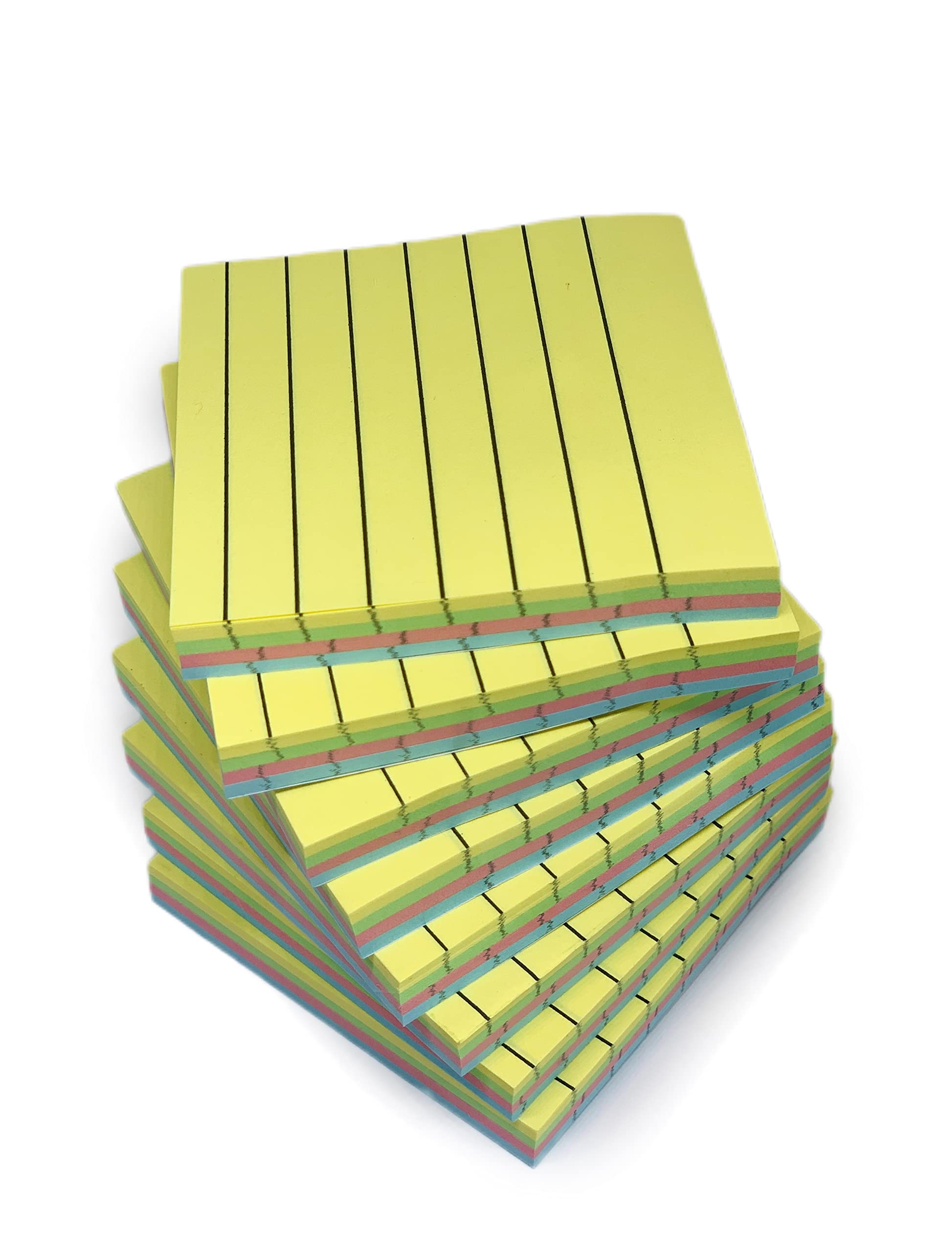 GUMTAPE Lined Sticky Notes 76 mm x 76mm, 8 Pads of 100 Sheets/Pad, Rainbow Neon Mix Sticky Notes 11501/08. Cute Mixed Colour for Office/Home/Kitchen/Baking/School(8 Pads)