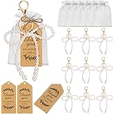 Ecation 20 Set White Pearl Bow Keychain Party Favor Bulk Steel Bowknot Keyring Charm Accessories Souvenir Present Kraft Tag Organza Bag for Guest Baptism Bridal Shower Valentine Wedding Gift