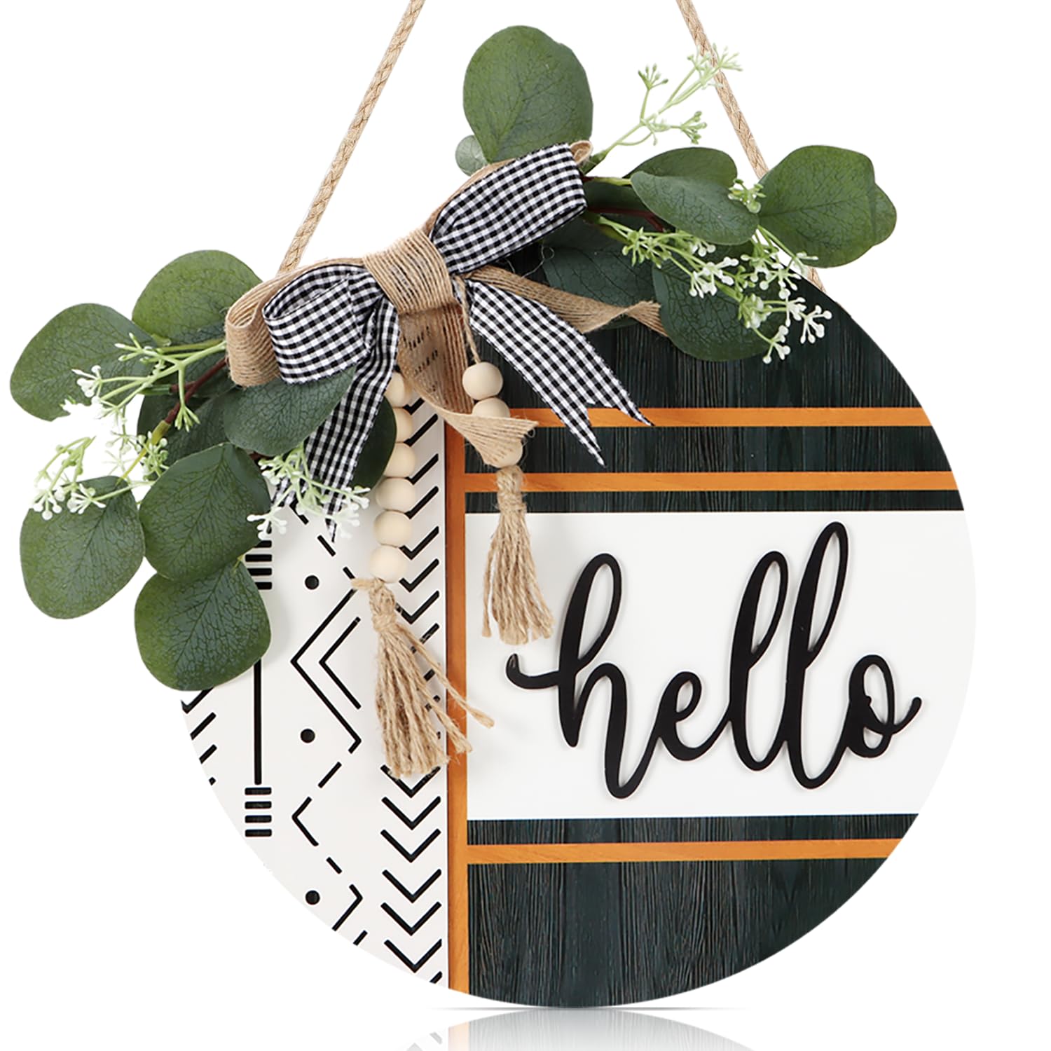 Photo 1 of CHDITB Boho 3D Hello Front Door Wreath Sign(12"x12"), Farmhouse Front Door Porch Decor with Eucalyptus Leaves Plaid Bow Bead, Rustic All Seasons Door Hanger Decoration Hanging for Office Home