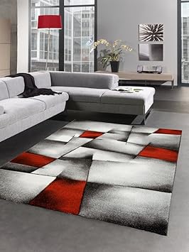 Carpetia Modern Tapis Poil Ras Tapis De Salon Résumé Karo Noir Gris Blanc Rouge Größe 200 X 290 Cm
