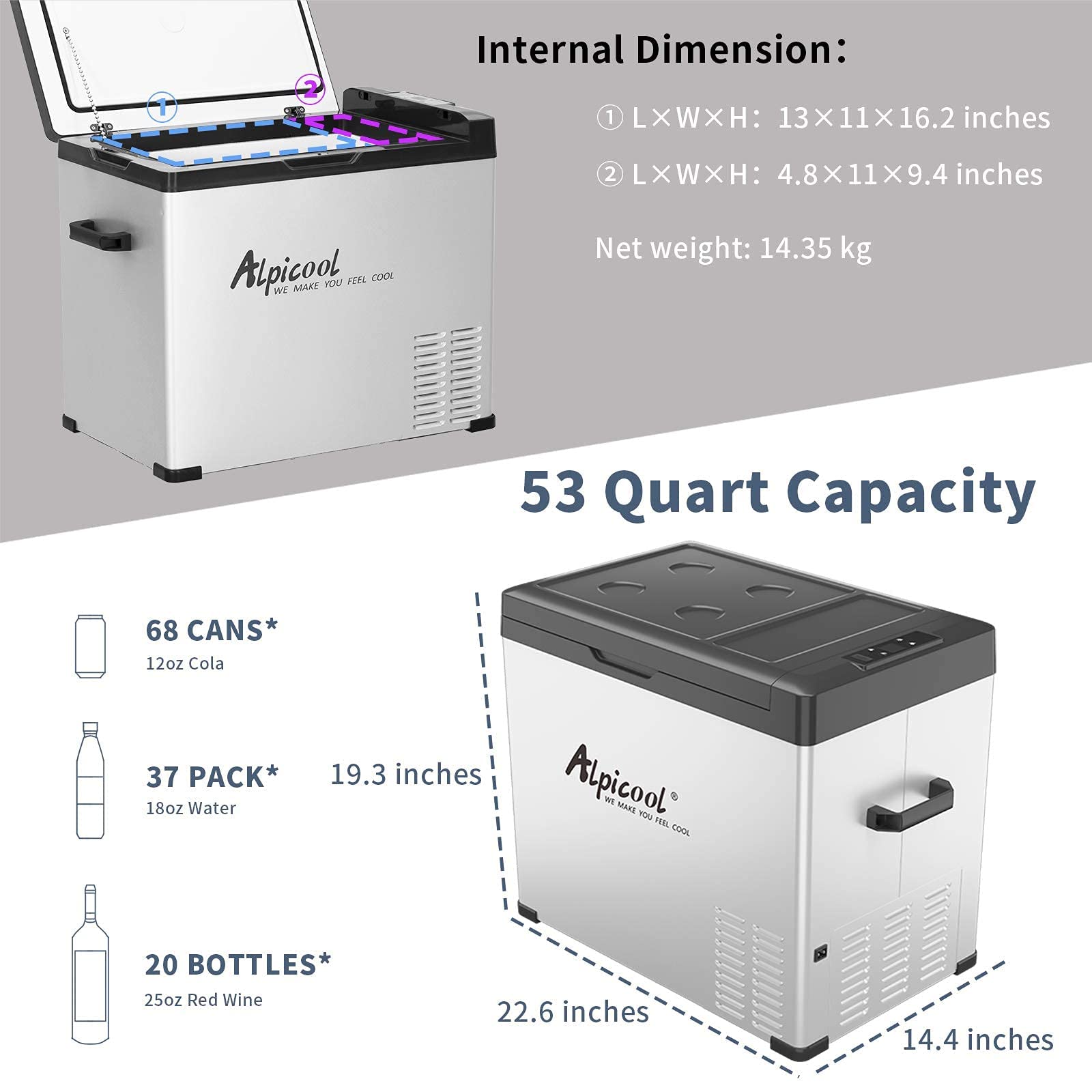 Alpicool C50 Portable Refrigerator 47 Quart(44.4Liter) 12 Volt Car Freezer for Vehicle, Truck, RV, Boat, Mini Fridge Freezer for Travel, Outdoor, Home -12/24V DC and 110-240V AC (Black and Silver)
