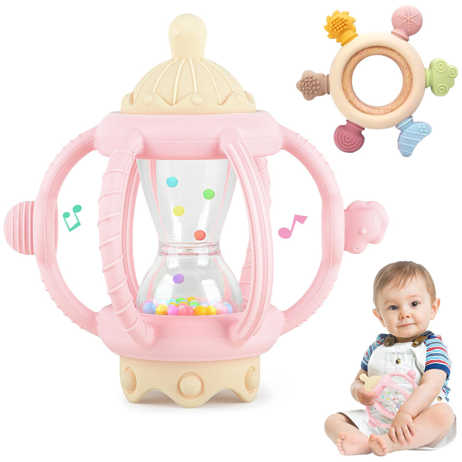 2PC Teething Toys for Baby 3 6 9 12 Months Baby Toy, Silicone Sensory Teething Rattle Grabbing Ball + Teether Ring for Babies, Babys Teethers 0-6 Months Toys, Christmas Newborn Toy Gifts