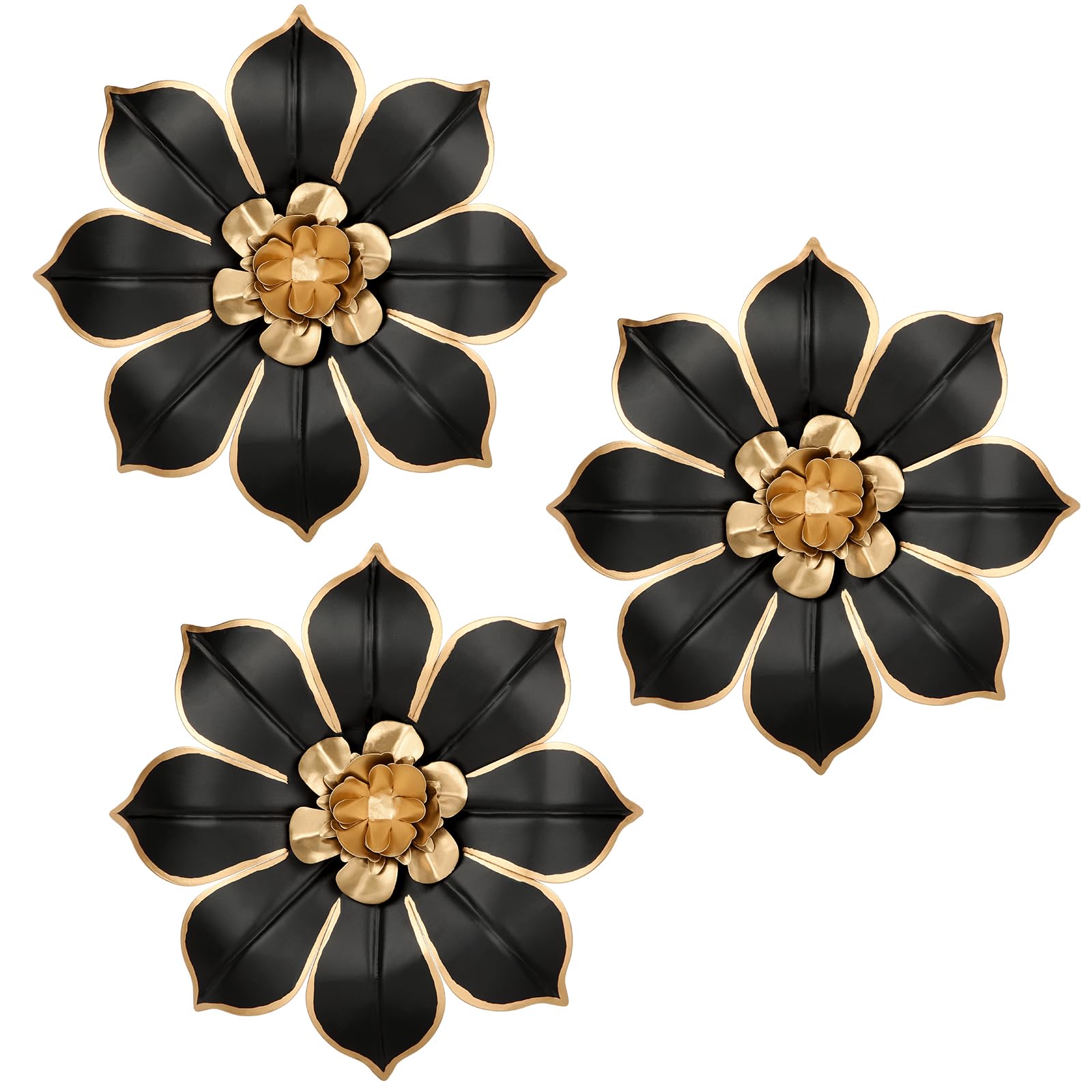 Photo 1 of Metal Flowers Wall Decor Black and Gold Wall Art Decorations Hanging 3 Pc Rustic Modern Floral Sculpture Wall Accent Artwork Indoor Outdoor for Bathroom Kitchen Bedroom Living Room Patio Porch 10 Inch
