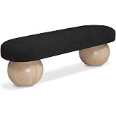 Meridian Furniture 22042Black Bowie Collection Art Deco Bench with Rich Black Boucle Fabric, Natural Finish Solid Ash Wood Ball Shape Legs, 59.5" W x 18" D x 17" H, Black