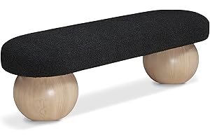 Meridian Furniture 22042Black Bowie Collection Art Deco Bench with Rich Black Boucle Fabric, Natural Finish Solid Ash Wood Ball Shape Legs, 59.5" W x 18" D x 17" H, Black