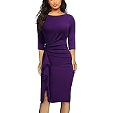 AISIZE Women's Retro 3/4 Sleeve Ruched Elegant Business Pencil Sheath Dress