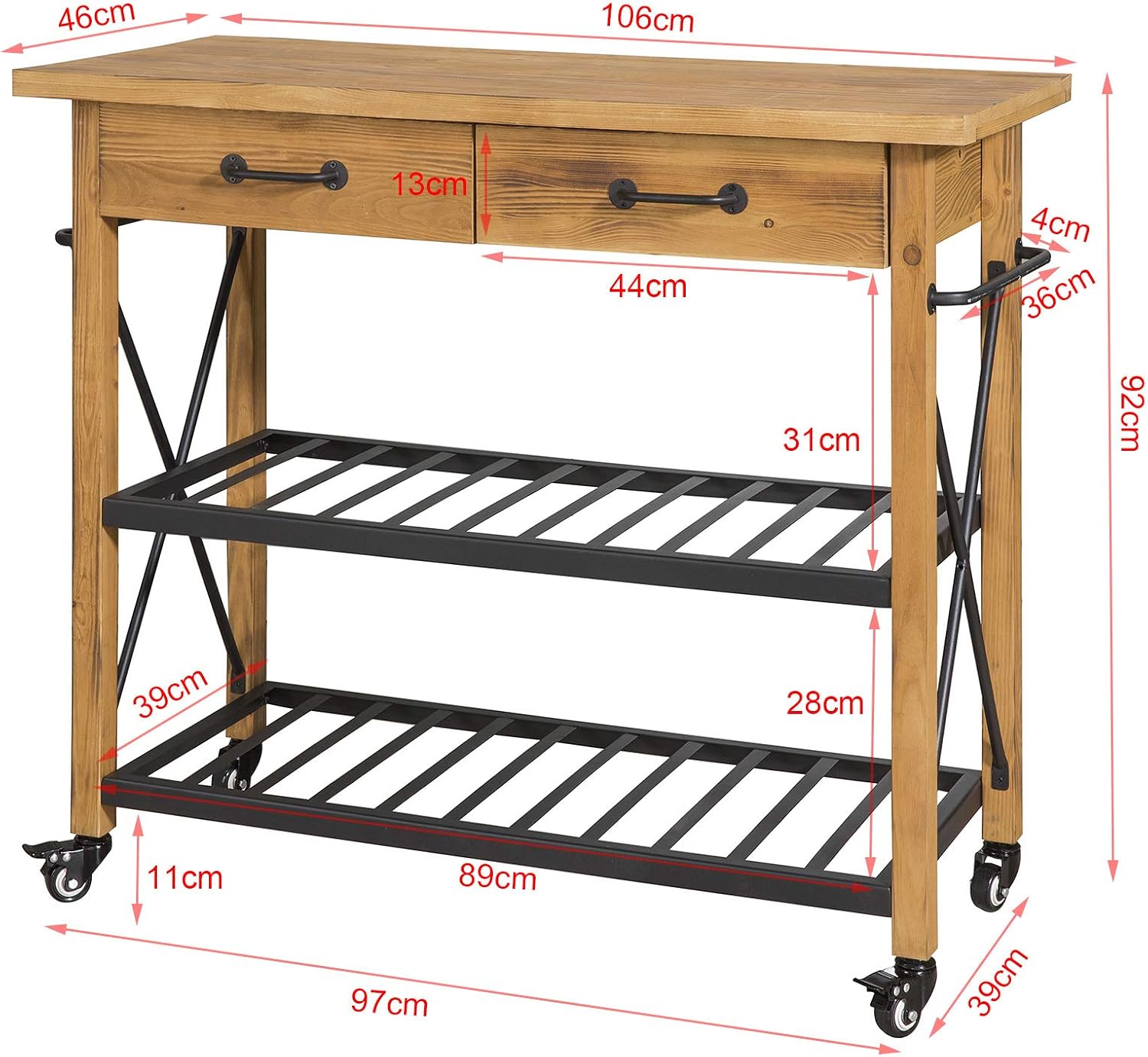Sobuy Fkw57 N Servierwagen Mit 2 Schubladen Und 2 Ablagen Kuchenwagen Rollwagen Sideboard Aus Holz Sobuy Shop