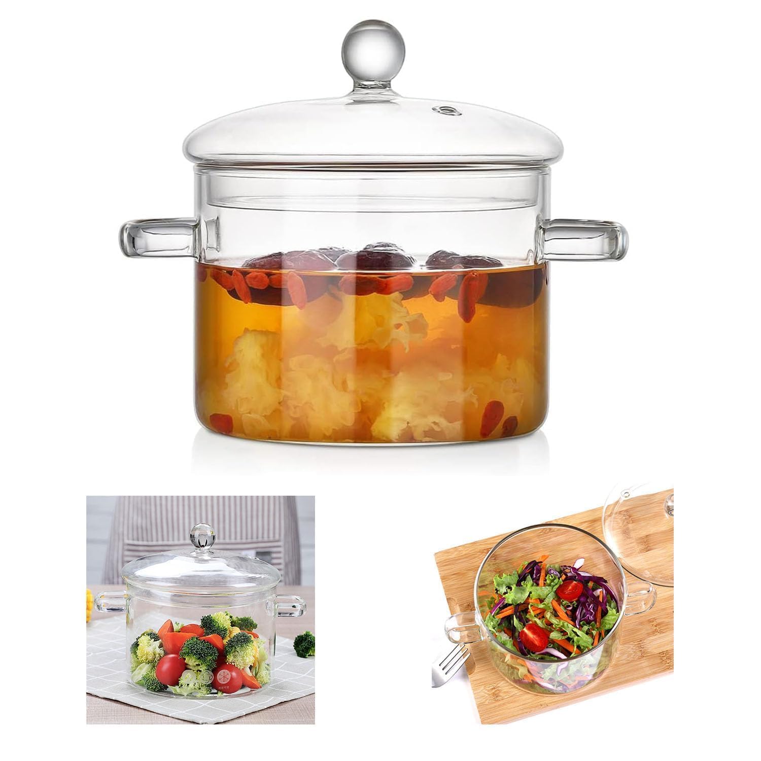 View 1 of 1.6L/57Fl Oz Glass Saucepan with Cover, Stovetop Cooking Pot with Lid and Handle Simmer Pot Clear Soup Pot with Lid, Soup, Milk, Baby Food