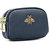 WOZEAH Leather Coin Purse for Women Small 2 Zipper Change Wallet with Key Ring Card Key Coin Cash Holder Pouch(Blue)