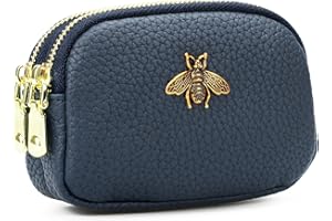 WOZEAH Leather Coin Purse for Women Small 2 Zipper Change Wallet with Key Ring Card Key Coin Cash Holder Pouch(Blue)