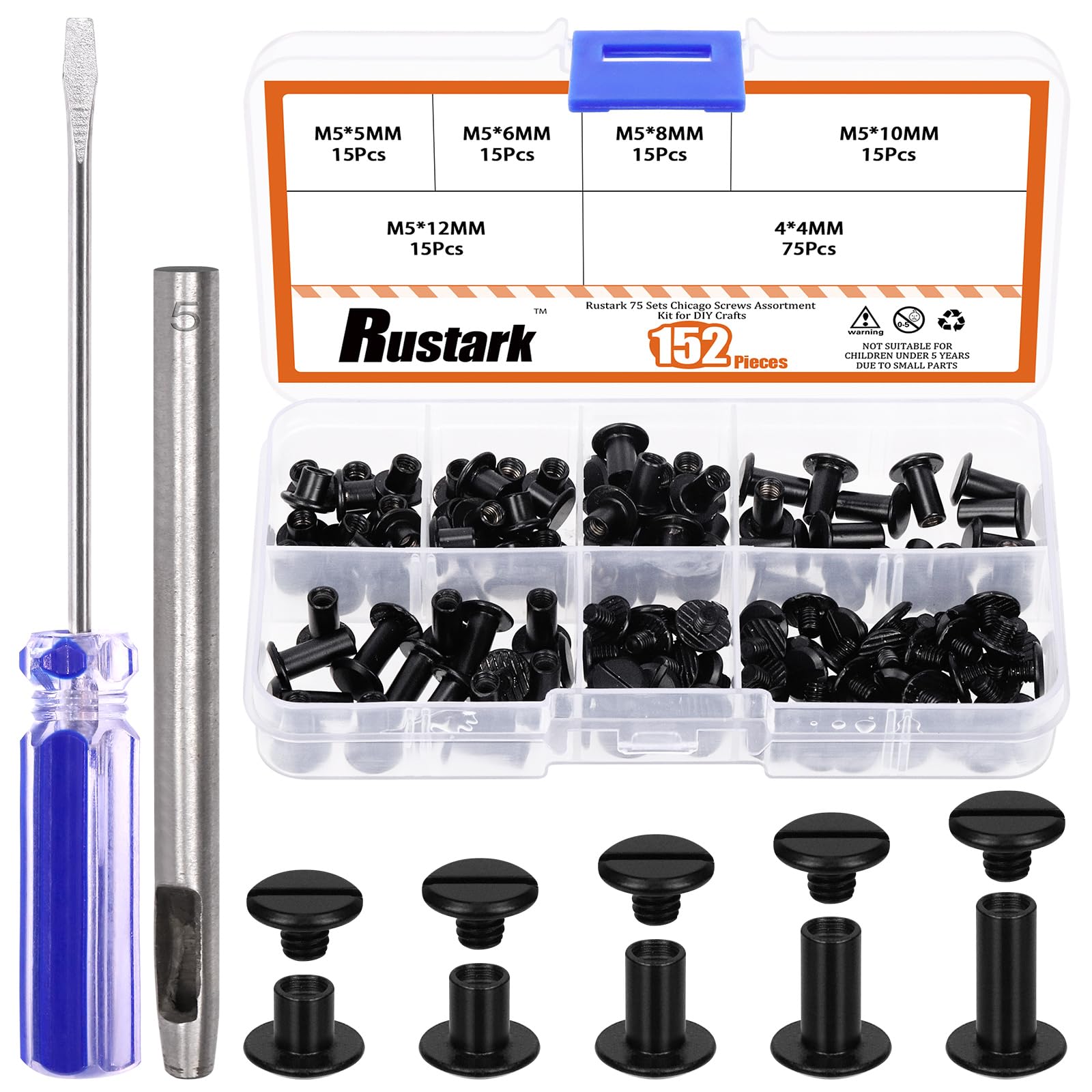 Rustark 75 Sets 5 Sizes M5 Black Chicago Screws Assorted Kit with Setting Tools Kit, Round Flat Head Chicago Rivets Chicago Bolts Chicago Metal Screws Studs for DIY Leather Craft Bookbinding