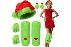 Berlune 7 Pcs Green Christmas Monster Santa Costume Accessories for Women Include Green Furry Leg Warmers Gloves Hat Earrings