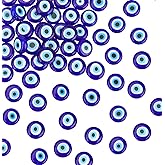 NBEADS 14.1"/Strand (about 38pcs) 9.5mm Handmade Evil Eye Lampwork Beads, Blue Color Flat Round Lampwork Spacer Beads DIY Crafts Evil Eye Charms for DIY Bracelets Necklace Jewelry Making