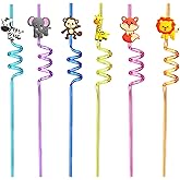 24pcs (6 Styles) Drinking Plastic Straws Reusable Forest Animal Design Reusable Straws with 2 Brushes for Birthday Pool Underwater Party Decorations Gift (Forest Animals design 24pcs)