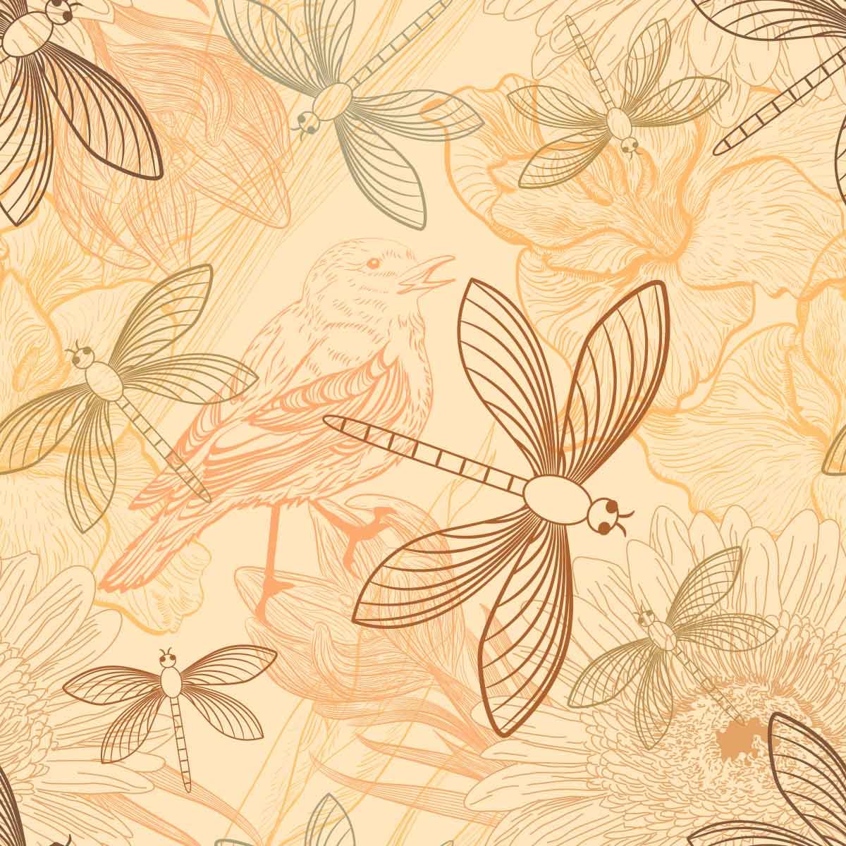 Dragonfly Fabric by The Yard,Vintage Birds Floral Upholstery Fabric for Chairs,Wild Nature Ornament Decorative Fabric for Upholstery and Home DIY Projects,3 Yards,(L276*W150cm) Yellow Orange
