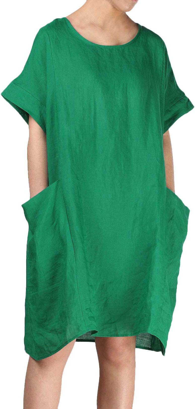 Women's Linen Tunic Dresses Dropped Shoulder Loose-Fit Long Tops with Big Pockets