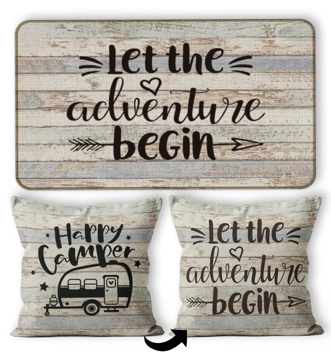 M-Qizi Welcome to Our Rolling Estate Decorative Doormat 17”X30”,Happy Camper Let The Adventure Begin Reversible Throw Pillowcase 18”X18”,2 Pieces Set(1 Pillow Cover 1 Doormat) Decor for Campsite RV