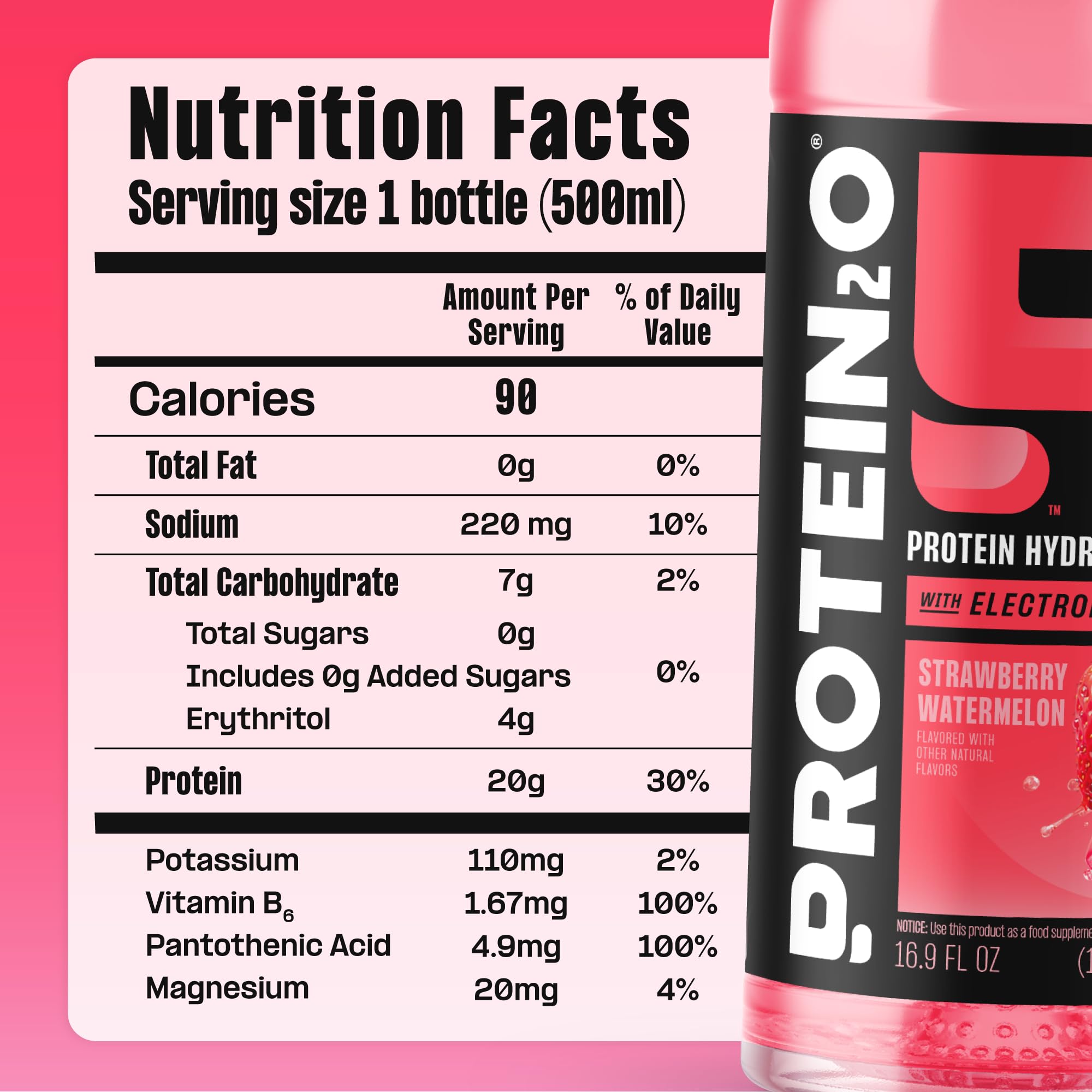 Protein2o Hydration Drink - 2-in-1 Liquid Clear Whey Protein Isolate and Electrolyte Drink - 20g Protein, Vitamins B5, B6 - Post-Workout Recovery - 16.9 Fl Oz - 12 Count Strawberry Watermelon