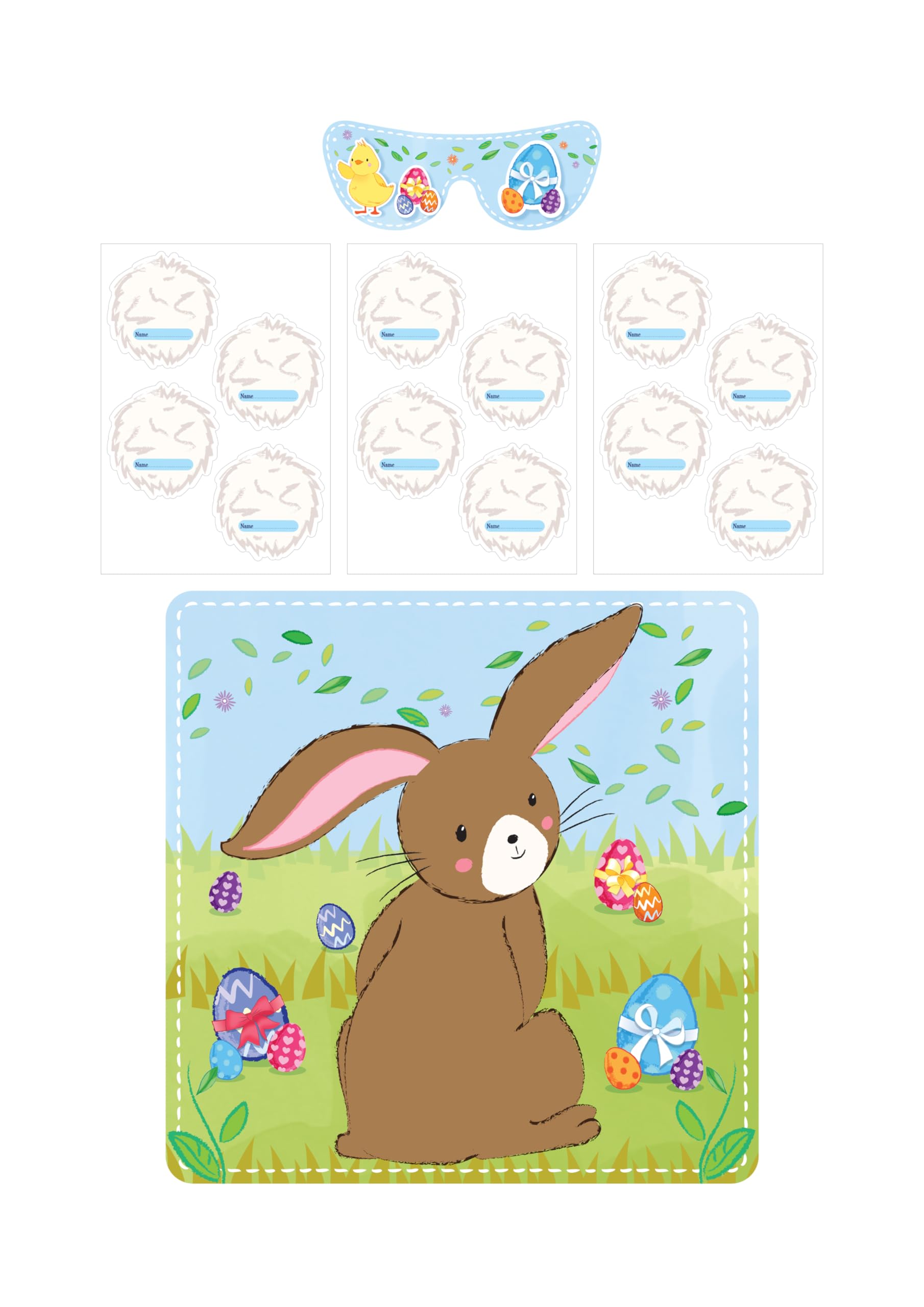 HENBRANDT 1 x Stick the Tail on the Bunny Easter Party Game for Kids - 14 Pieces Including Poster Blindfold Fluffy Tail Stickers Fun Spring Activity Games Children