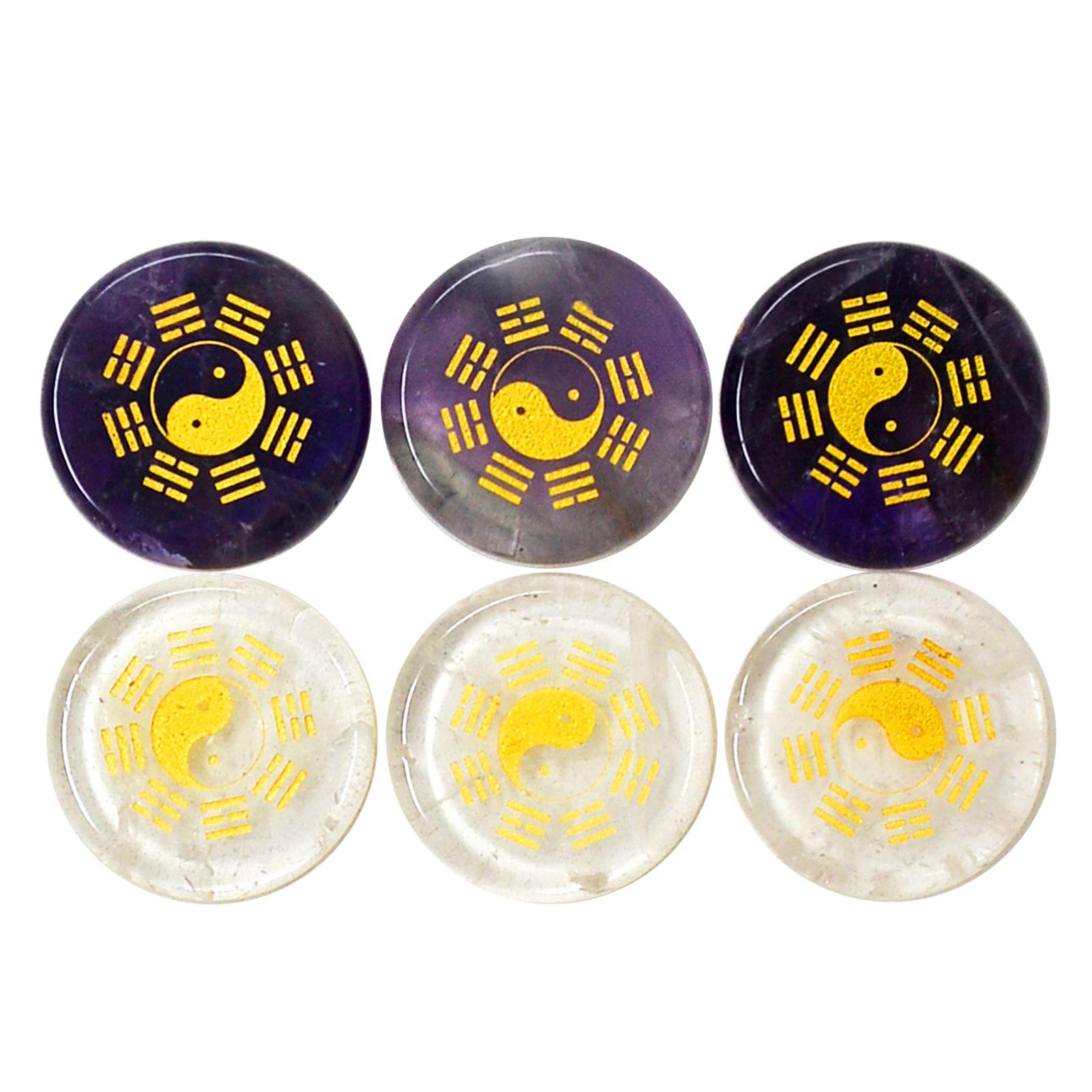 juanxian Set of 6 Yin Yang Bagua Purple & White Healing Crystal Ornaments Stones Reiki Set W4298