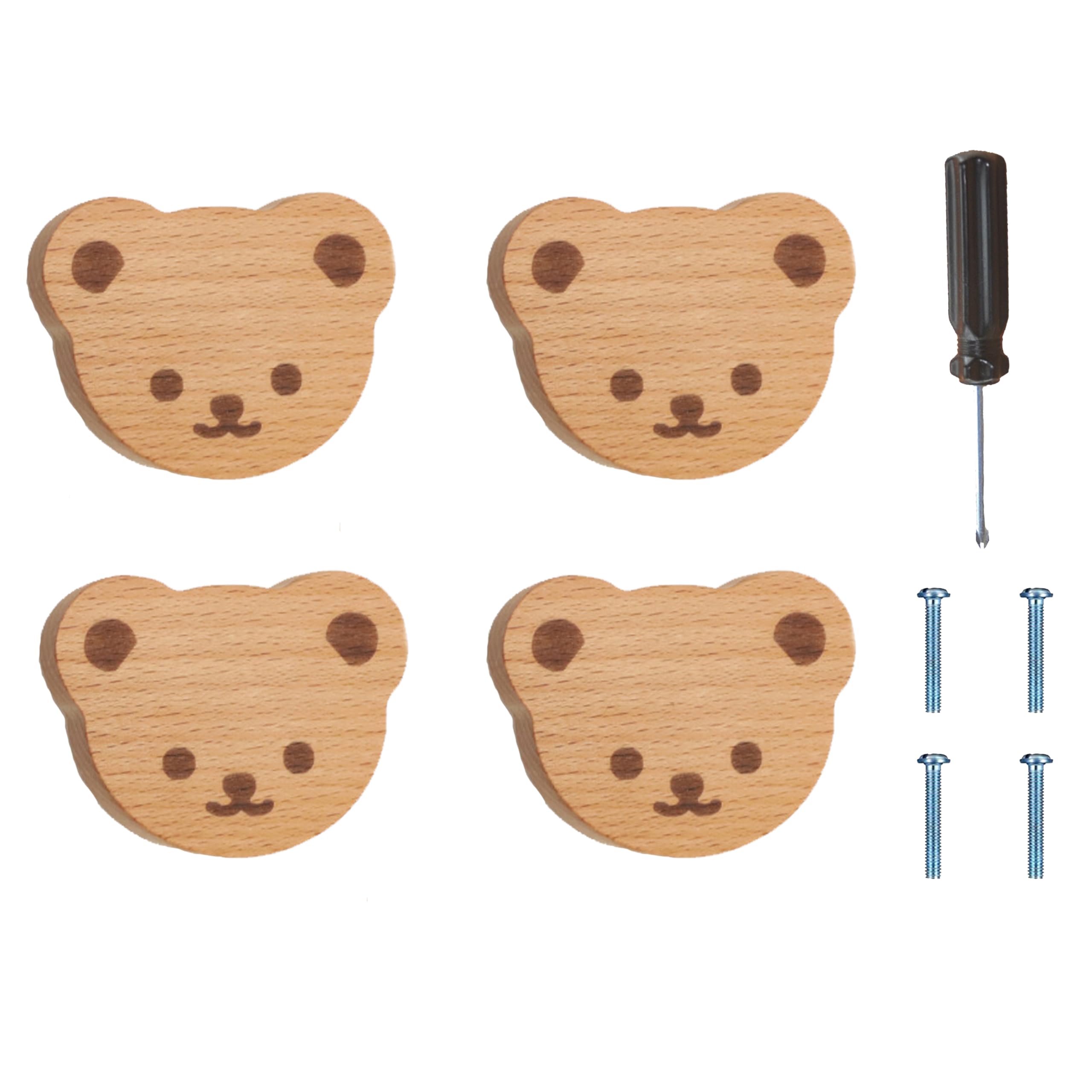 ED-Lumos 4Pcs Cabinet Knobs Cupboard Door Drawer Handles with Screws for Home Kitchen Bedroom Wardrobe Bears with Facial Wood Design