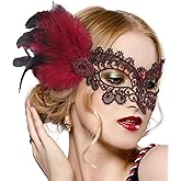 Zinniday Halloween Feather Masquerade Masks - 1920s 50s Antique Lace Venetian Mask for Women Renaissance Cosplay Party