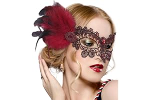 Zinniday Halloween Feather Masquerade Masks - 1920s 50s Antique Lace Venetian Mask for Women Renaissance Cosplay Party