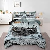 Sailboat Bedding Set Nautical Down Comforter Sailing Ship Comforter Set for Kids Boys Girls Wooden Boat Pirate Yacht Adventure Theme Quilt Set Bedroom Decor with 1 Comforter and 2 Pillow Cases Full