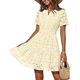 MEROKEETY Women's Spring Summer Lace Boho Dress 2026 Short Sleeve Eyelet Floral Ruffle A Line Vacation Beach Mini Dresses