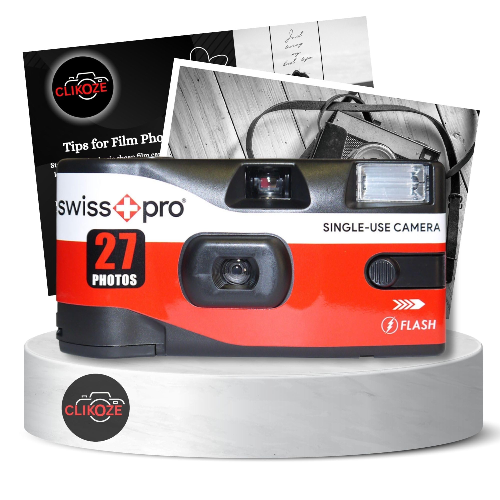 Disposable Camera Bundle with Swiss+Pro Disposable Camera Single-Use Film Cameras with 27 Exposures and Clikoze Disposable Photography Tips Card