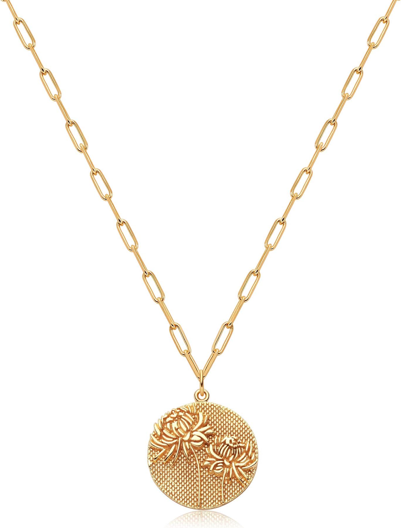 OSIANA Gold Birth Month Flower Necklace for Women 18K Plated Gold Dainty Disk Disc Carved Coin Pendant Paperclip Rectangle Link Chain Coin Necklace The Month Gift Birthday Gift for Her
