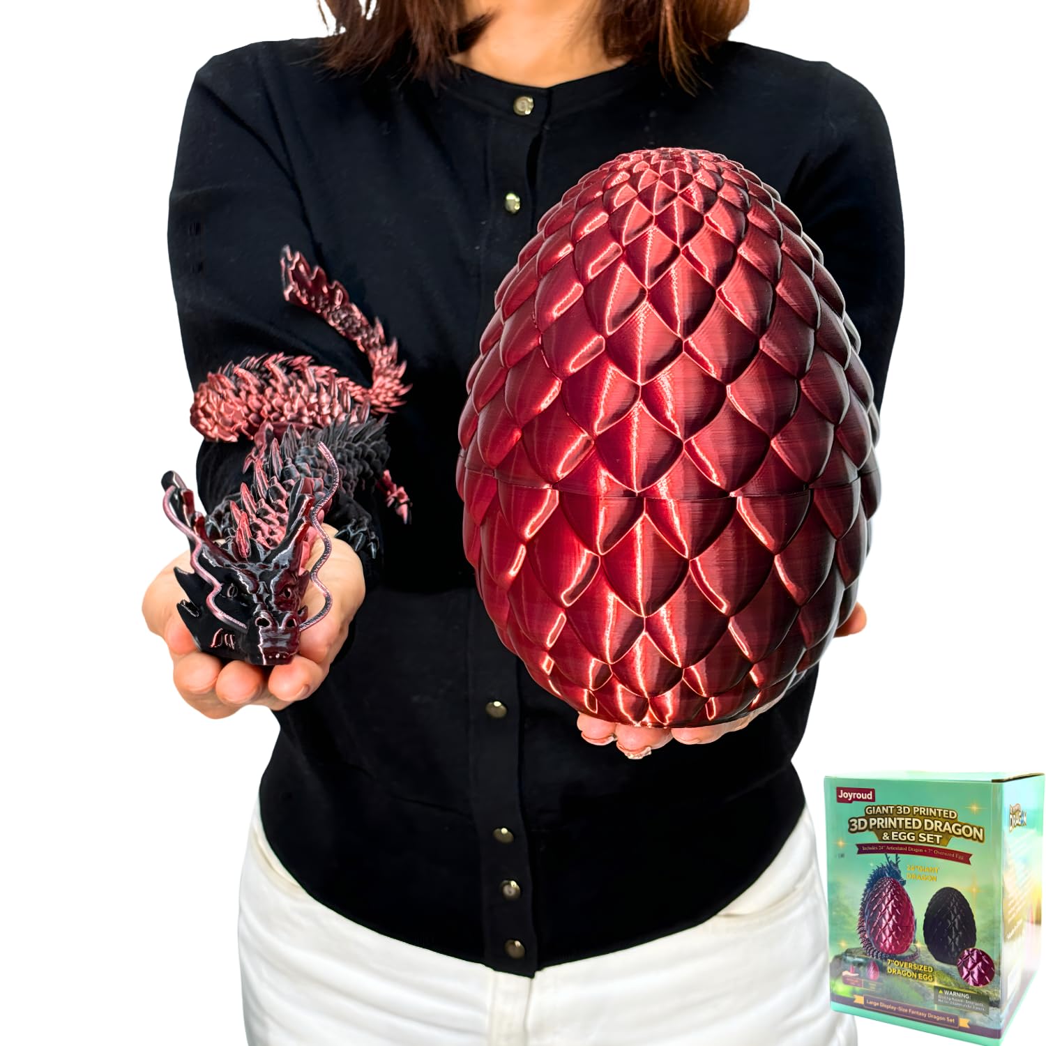 24'' Large 3D Printed Dragon Egg with Articulated Chinese Dragon Toy Inside, Jumbo Prefilled Easter Eggs Filled, Giant Easter Basket Centerpiece, Collectible Easter Gifts for Kids Teens (Black Red)