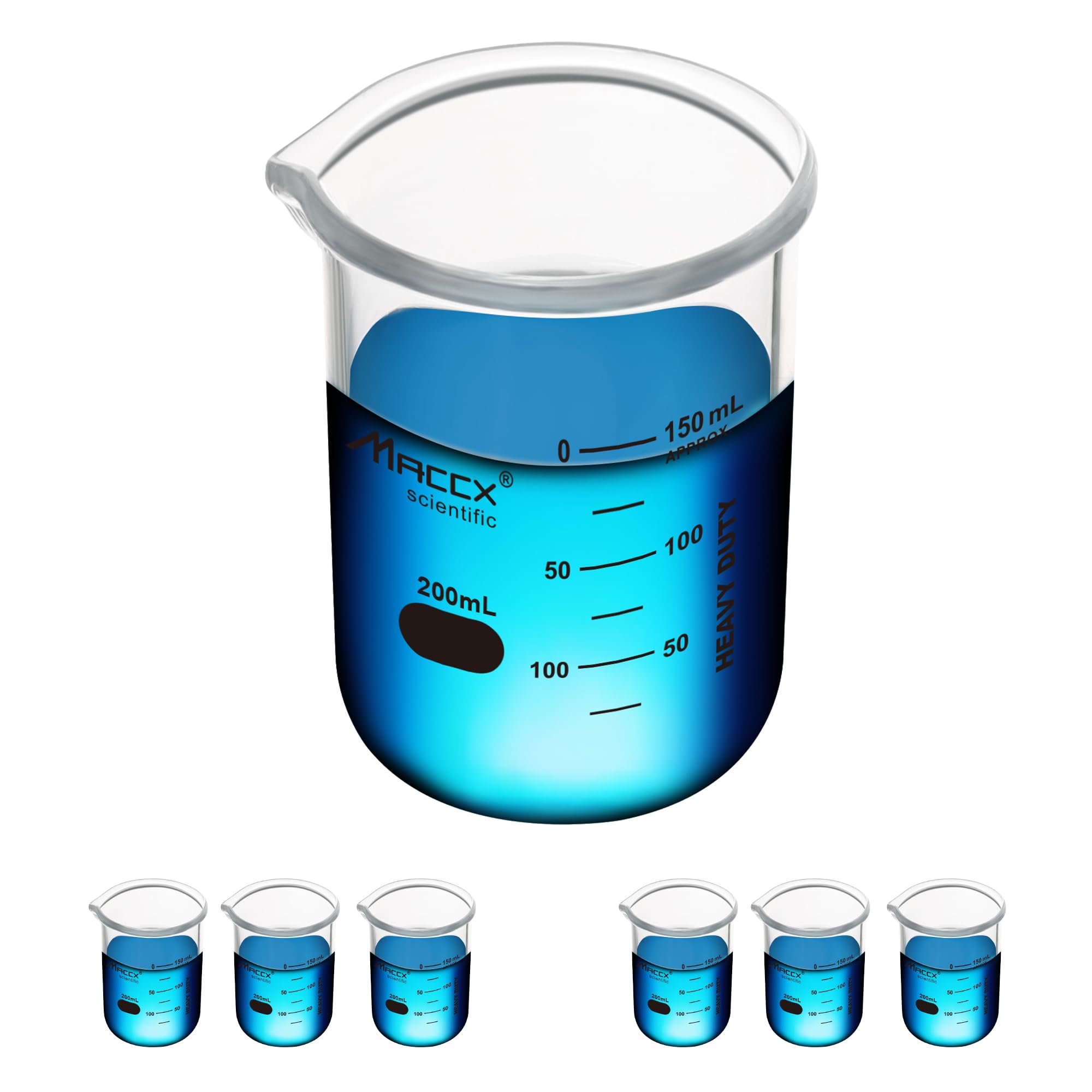 Maccx 6.8oz(200ml) Sturdy Glass Beaker, 3.3 Borosilicate Griffin Low Form with Printed Graduation, Pack of 6, BKL200-006