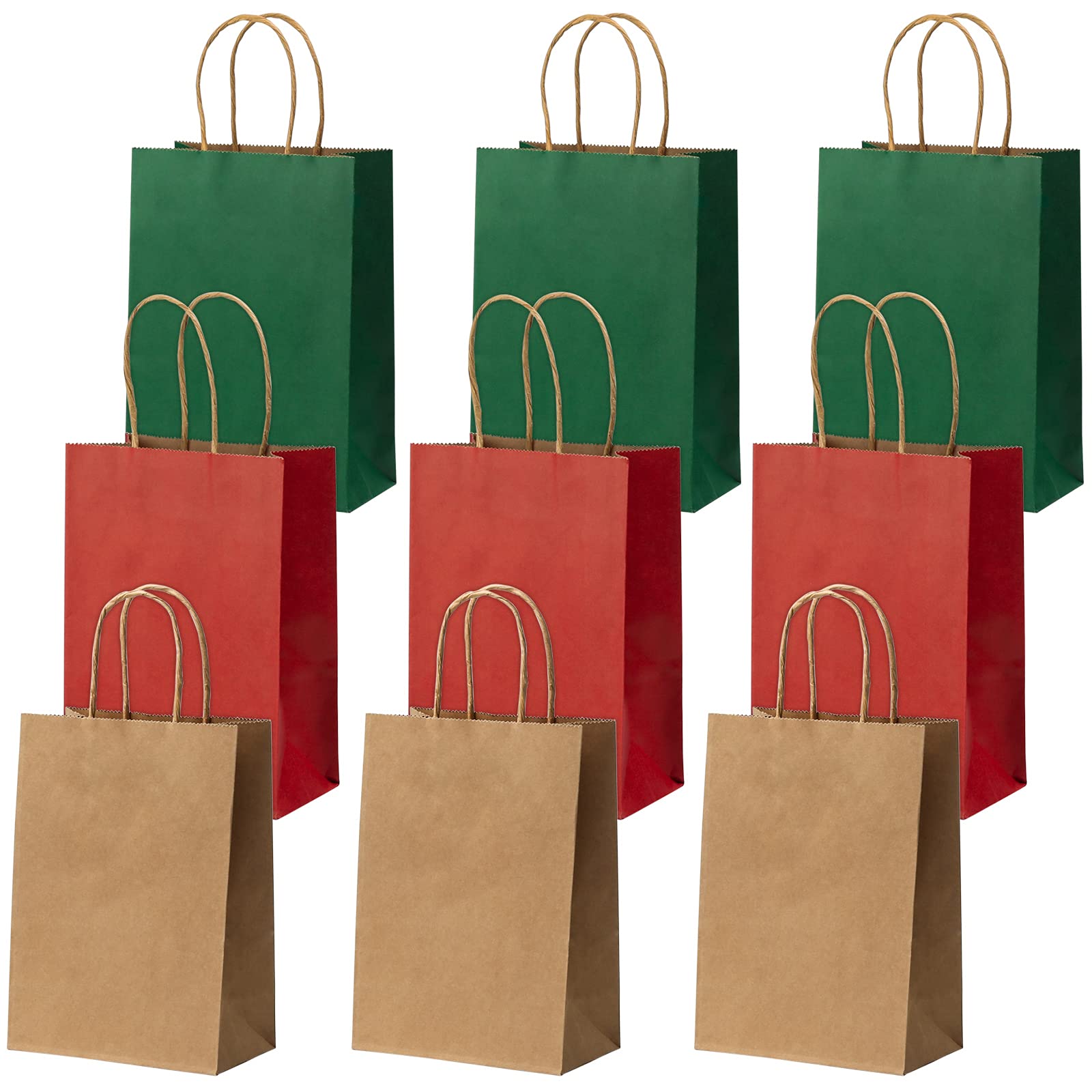 DONQL 9pc Kraft Bags - Christmas Party Gift Bags with Handle, Red Green Brown - 21x15x7.8cm
