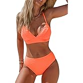 CUPSHE Women's Bikini Sets Two Piece Swimsuit High Waisted V Neck Textured Crisscross Back Tie Bathing Suits