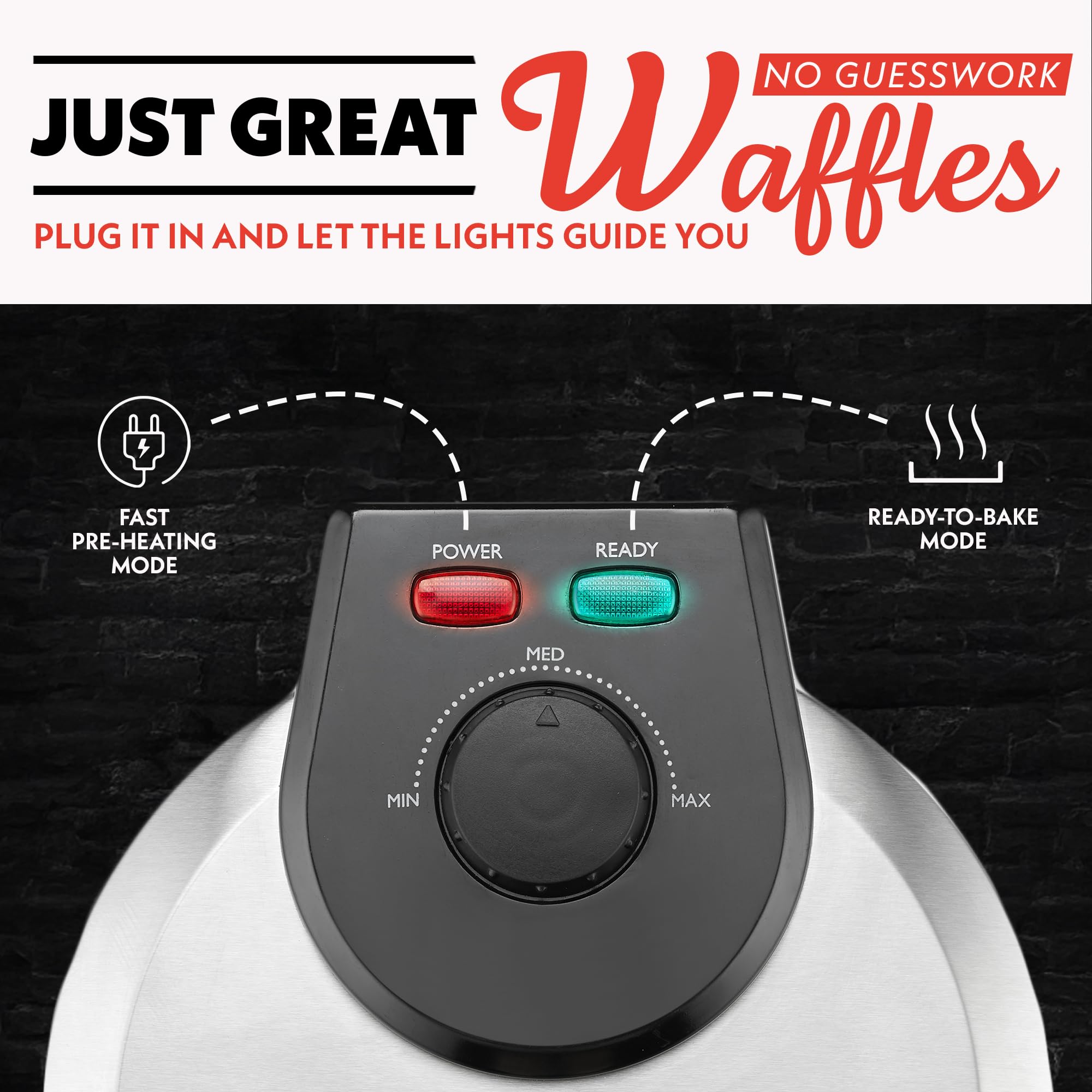 Gourmia Belgian Waffle Maker – Compact Design with Upright Storage, Adjustable Browning, and Easy-Clean Nonstick Ceramic Plates, Stainless Steel